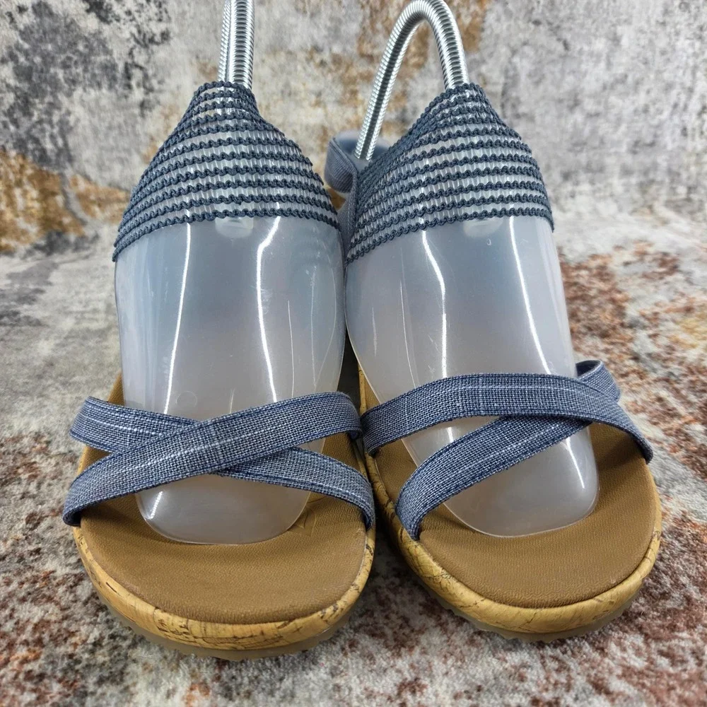 Skechers Beverlee High Tea Wedge Sandals Women 9.5 Blue Denim Elastic Strap Cork